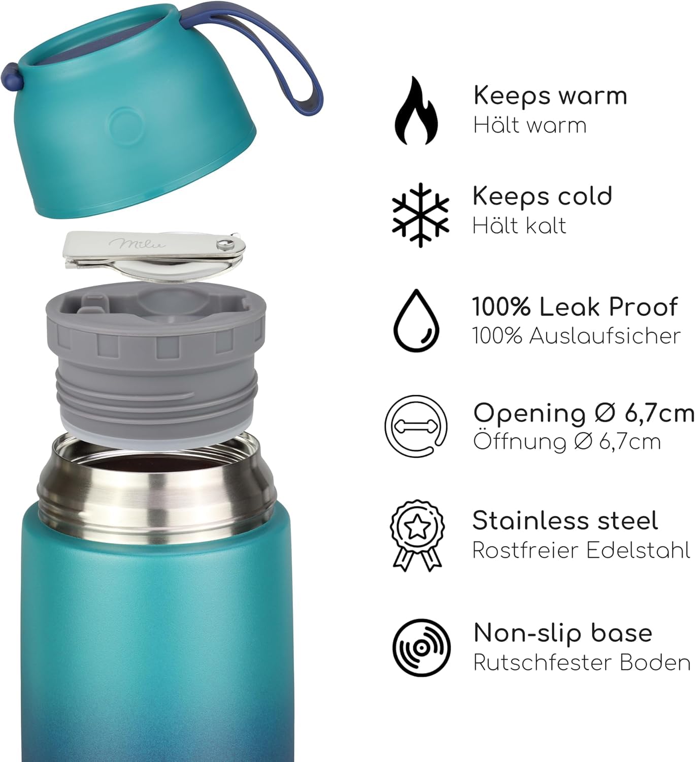 Milu® Thermobehälter 450ml – Edelstahl Lunchbox, Warmhaltebox für Essen & Suppen